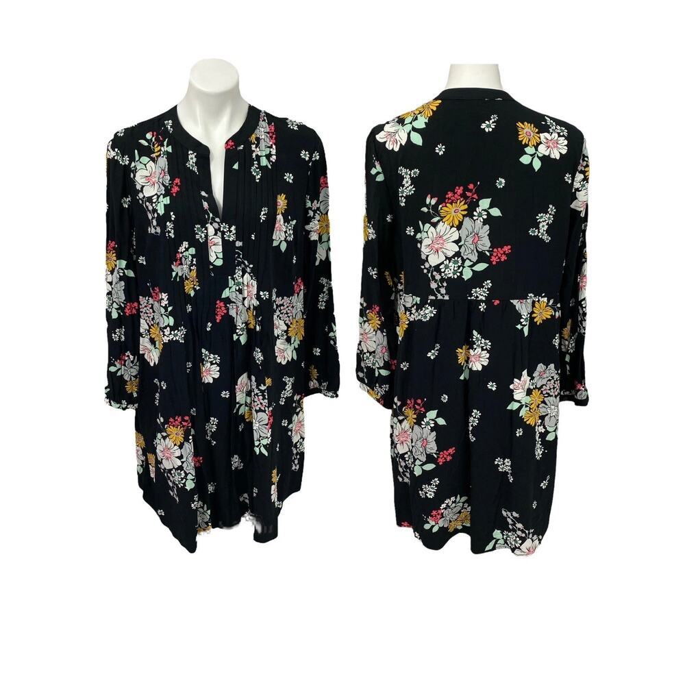 Old Navy M black floral print pintuck mini swing dress Flowy flat collar V-neck